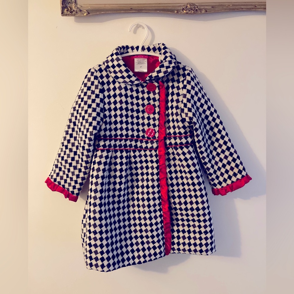 Vintage Penny M Chic Black and White Checkered Coat with Red Accents Size 4T